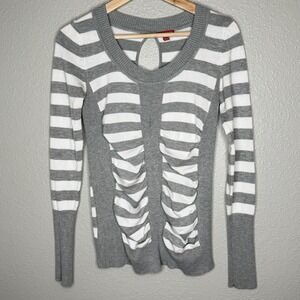 VTG BONGO Y2K Ruched Striped Knit Top Gray White Keyhole‎ Back Bodycon Sweater M
